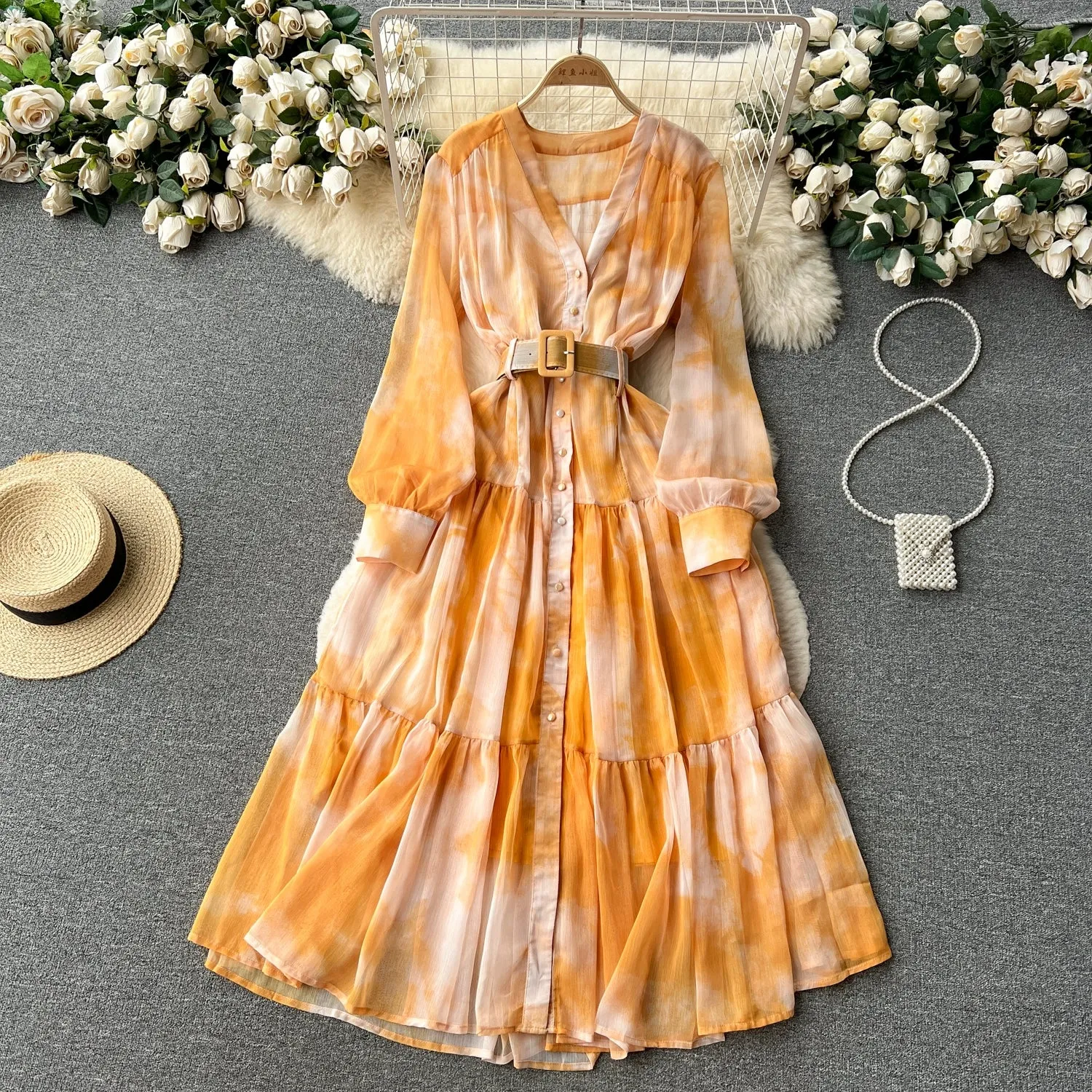 Asymmetrical Tie-Dye Silm Long Chiffon Dress