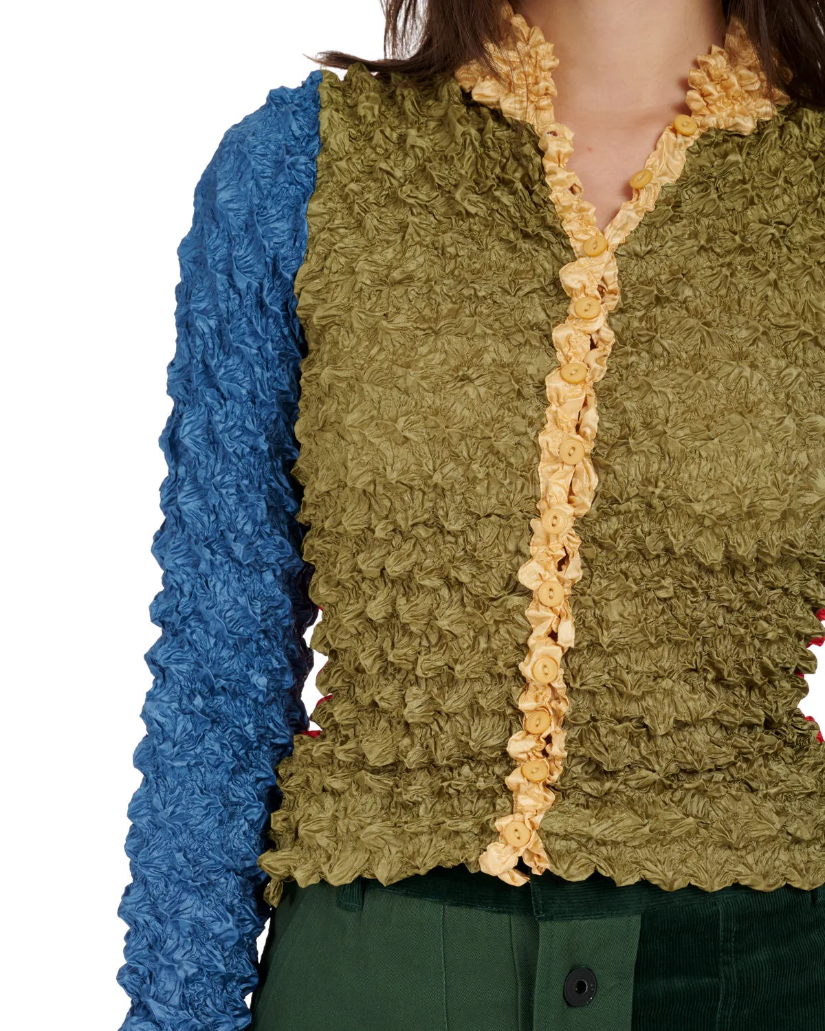Blocked Bubble Shrink Button Up - Olive/Red