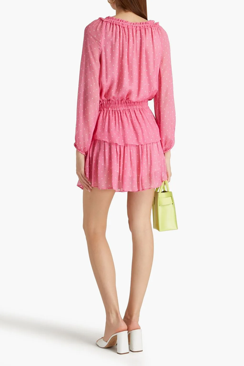 LOVESHACKFANCY Polka Dot Ruched Chiffon Popover Mini Dress, Pink