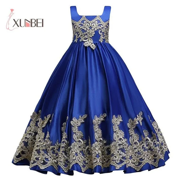 OB- Girl Dresses Big Bow Flower Girl Dresses 2019 Gold Applique Girls Pageant Dress First Communion Dresses