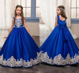 OB- Girl Dresses Big Bow Flower Girl Dresses 2019 Gold Applique Girls Pageant Dress First Communion Dresses