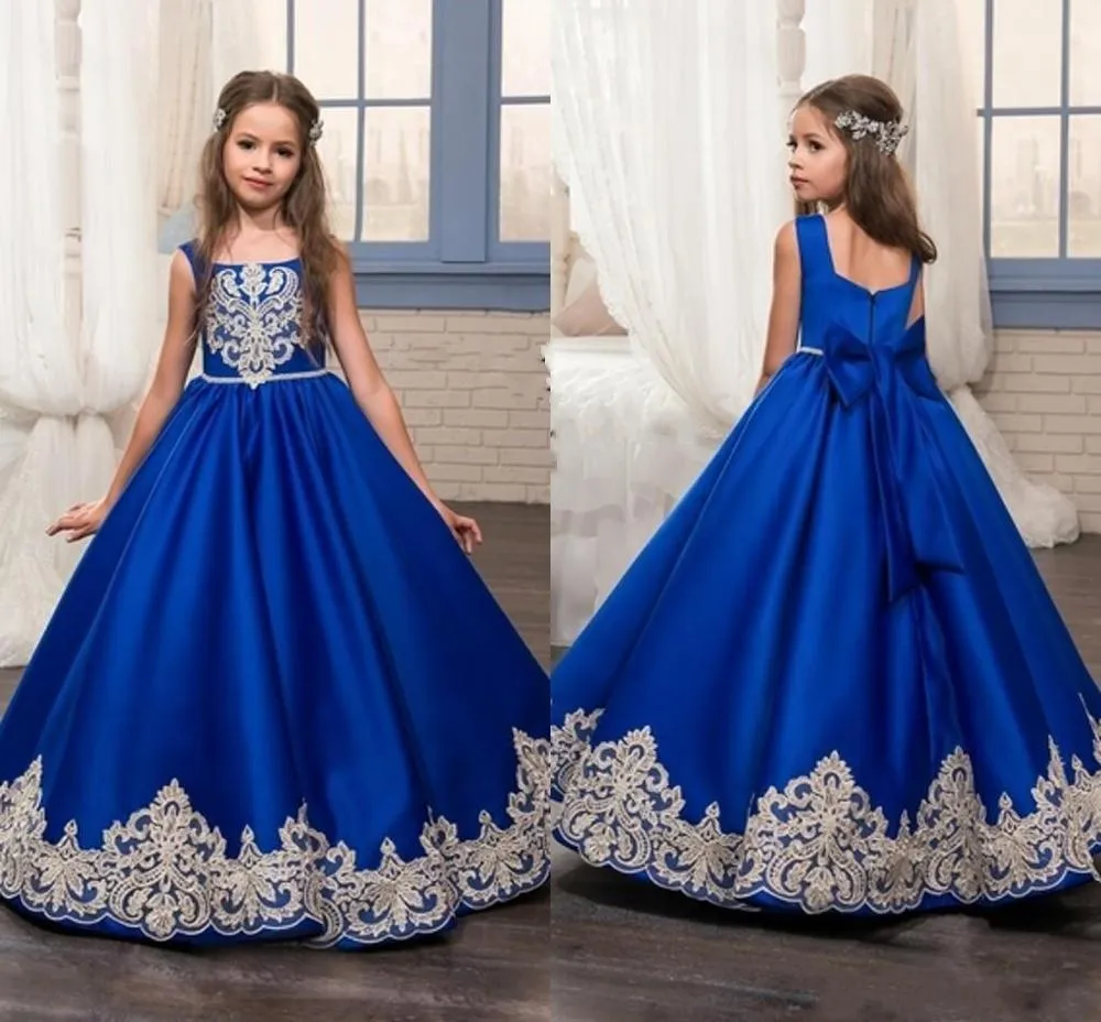 OB- Girl Dresses Big Bow Flower Girl Dresses 2019 Gold Applique Girls Pageant Dress First Communion Dresses
